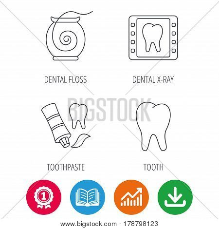 Dental floss, tooth and toothpaste icons. Dental X-ray linear sign. Award medal, growth chart and opened book web icons. Download arrow. Vector