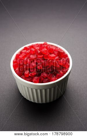 Sweet Fruit Candy Also Know As tutti-frutti, Candied Fruits served in a bowl used in masala pan in india or in cakes or sweets