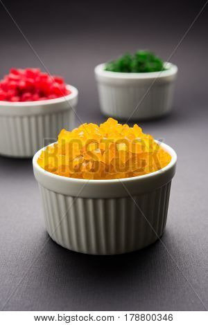 Sweet Fruit Candy Also Know As tutti-frutti, Candied Fruits served in a bowl used in masala pan in india or in cakes or sweets
