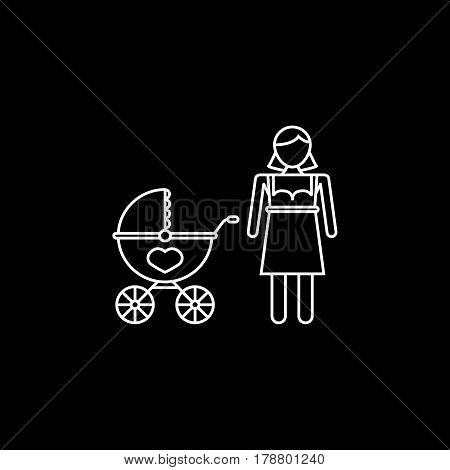 Woman with pram line icon, mother's day, mom with stroller vector graphics, a linear pattern on a black background, eps 10.