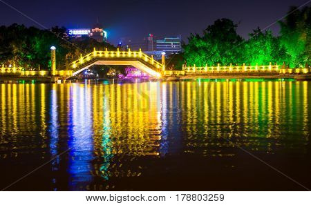 Guilin, China - September 22, 2016: Huizhou Jiuqu Bridge On The Artificial Lake In Travel Area With