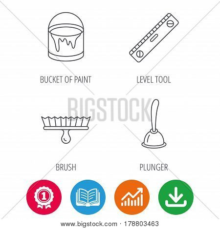 Level tool, plunger and brush tool icons. Bucket of paint linear sign. Award medal, growth chart and opened book web icons. Download arrow. Vector