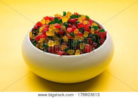 Sweet Fruit Candy Also Know As tutti-frutti, Candied Fruits served in a bowl used in masala pan in india or in cakes or sweets