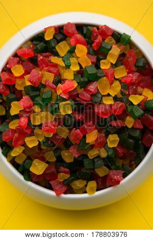 Sweet Fruit Candy Also Know As tutti-frutti, Candied Fruits served in a bowl used in masala pan in india or in cakes or sweets
