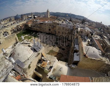 JERUSALEM ISRAEL - MARCH 25 2017: View from roof on the pool of Hezekiahu in the old city of Jerusalem
