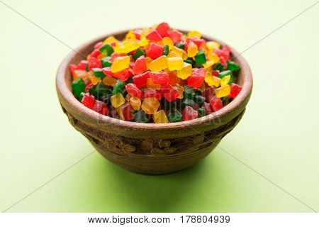 Sweet Fruit Candy Also Know As tutti-frutti, Candied Fruits served in a bowl used in masala pan in india or in cakes or sweets