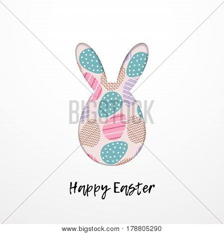 Easter Bunny Vector illustration Easter card template in paper art Easter bunny silhouette filled pattern of painted eggs on white background with the inscription Happy Easter