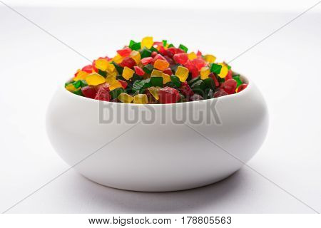 Sweet Fruit Candy Also Know As tutti-frutti, Candied Fruits served in a bowl used in masala pan in india or in cakes or sweets