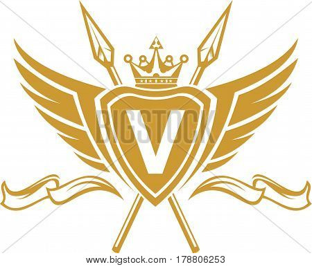 logo illustration emblem letter on shield with wing, lance, crown