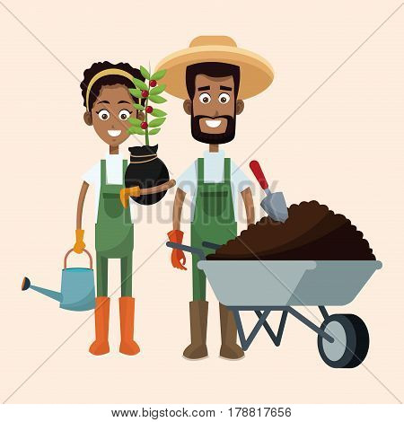 couple farmers wheelbarrow water can and plant vector illustration