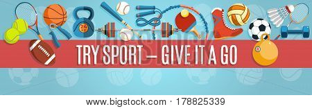 Set of sport balls and gaming items at a blue background. Healthy lifestyle tools, elements. Vector Illustration