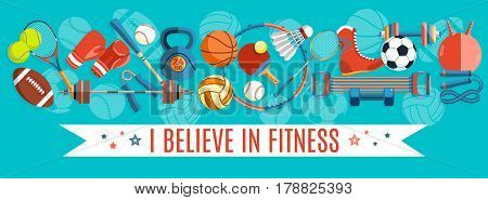 Set of sport balls and gaming items at a turquoise background. Healthy lifestyle tools, elements. Vector Illustration