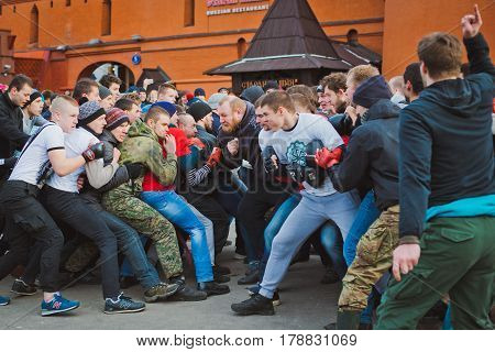 Russia. Moscow. Red Square. February 26, 2017. mass brawl of hooligans and fans in the center of Moscow