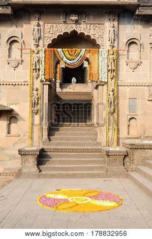 Maheshwar India - 3 February 2015: Detail of temple palace at Maheshwar on India