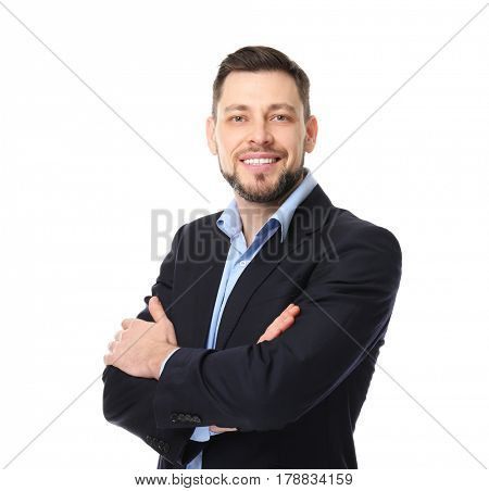 Confident young manager on white background
