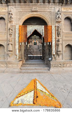 Maheshwar India - 4 February 2015: Entrance door of temple palace at Maheshwar on India