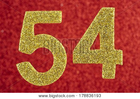 Number fifty-four blue over a yellow background. Anniversary. Horizontal