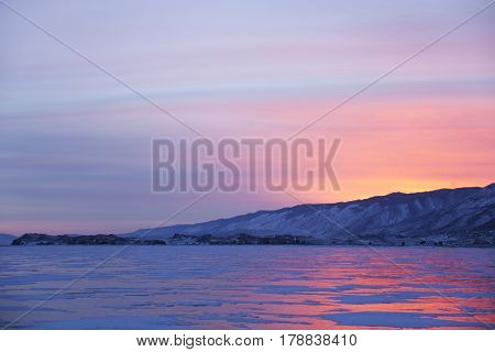 Lake Baikal, Winter Nature. Cape Uyuga Sunset Landscape