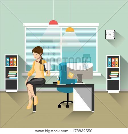 Girl sitting on desk in office with notepad in hand