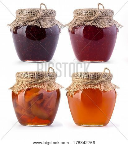 Three jar of jam and honey on white background