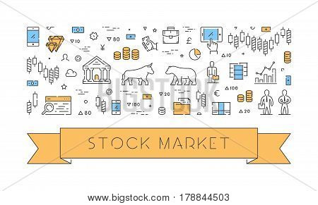 Line vector banner for stock market. Horizontal concept of commodity exchange.