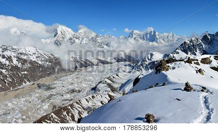 Beautiful Panoramic Evening View Of The Gokyo Valley And Cho-ou Glacier From The Top Of The Mt. Goky