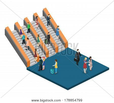 Isometric Composition Depicting Subway Entrance Underground Stairs Escalator Vector Illustration