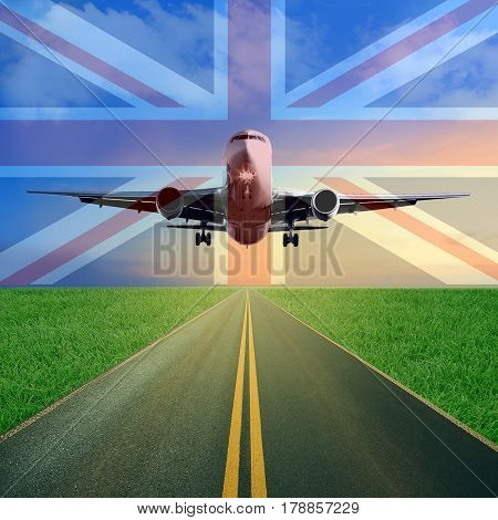 One Passenger Airplane Takes Off From A Runway. Beautiful Blue Cloudy Sky And Sunset Background. Gra