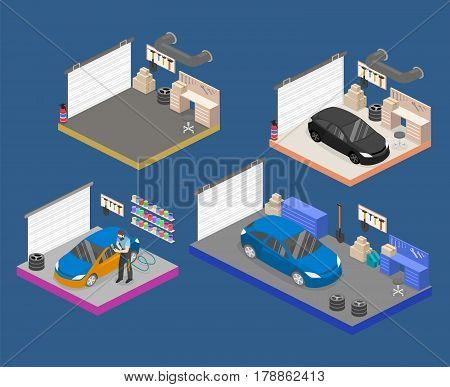Isometric Flat 3Dinterior Working Place With Tools In Garage.