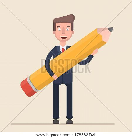 A businessman is holding a pencil in his hands. Vector illustration in a flat style.