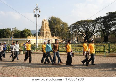 Mysore India - 23 January 2015: people walking in front of Sri Bhuvaneshwari temple close to Mysore palace on India