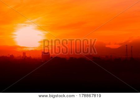 sunrise in sky beautiful colorful before dawn nature landscape with city silhouette