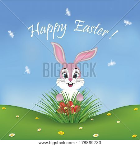 Happy Easter card with a cute pink bunny finding red eggs in in the grass. Dragonflies on the blue sky.