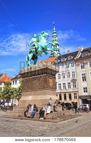 COPENHAGEN DENMARK - JUNE 15: Absalon Monument. Statue of Bishop Axel Absalon and St. Nicholas Church Hojbro Plads in 2012.