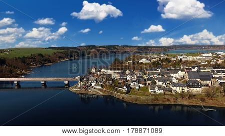 aerial view saalburg thuringia germany saale river town panorama