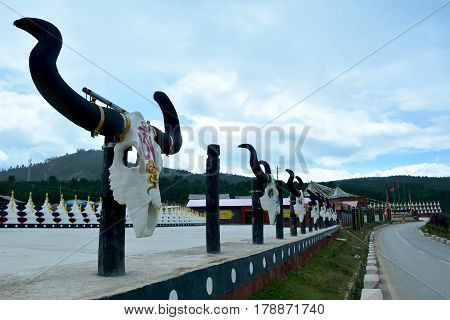 Row of the big hornes and skulls of yaks along the road in Shangri-la County Yunnan Province China. Tibetian symbol.