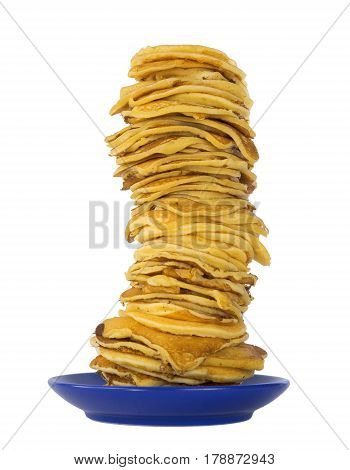 Pancakes stacked in a blue pile on white background
