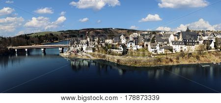 aerial view saalburg thuringia germany saale river town panorama
