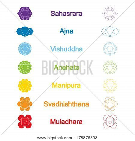 set of color icons with  names of chakras in Sanskrit for your design