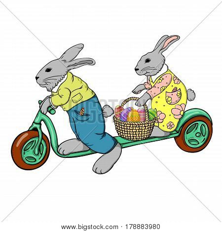 Set of cute Easter rabbits with Easter eggs and banners.