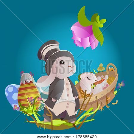 Set of easter chocolate egg hunt bunny with basket on green grass decorated with flowers, cute rabbit funny ears, happy spring season holiday tradition greeting card or banner collection vector illustration on white background.