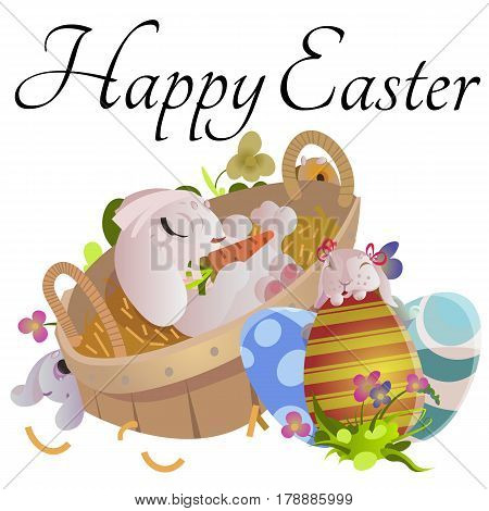 Set of easter chocolate egg hunt bunny with basket on green grass decorated with flowers, cute rabbit funny ears, happy spring season holiday tradition greeting card or banner collection vector illustration on white background.