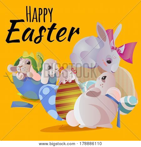 Set of easter chocolate egg hunt bunny with basket on green grass decorated with flowers, cute rabbit funny ears, happy spring season holiday tradition greeting card or banner collection vector illustration on white background.