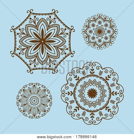 Henna tattoo brown mehndi flower template doodle ornamental lace decorative element and indian design pattern paisley arabesque mhendi embellishment vector. Traditional decorative mandala element.