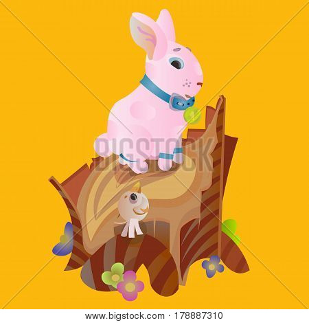 Set of easter chocolate egg hunt bunny with basket on green grass decorated with flowers, cute rabbit funny ears, happy spring season holiday tradition greeting card or banner collection vector illustration on white background.