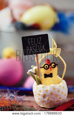chick emerging from a cracked egg patterned with yellow dots holds a signboard with the text feliz pascua, happy easter in spanish, and a pile of decorated easter eggs and feathers of different colors