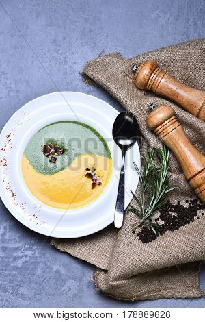 Spinach And Pumpkin Cream Soup With Rosemary And Pepper