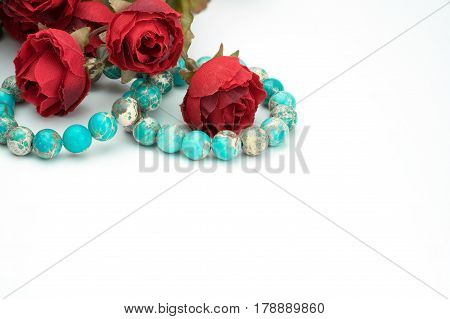 Variscite Round Bead Stretchy Bangle Bracelets with red roses on white background