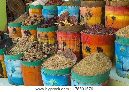 Traditional Spices Market With Herbs And Spices In Aswan, Egypt.