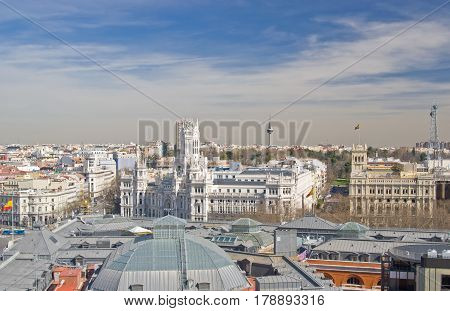 Aerial view of the Cybele Palace (Palacio de Cibeles) on Cybele square (Plaza de Cibeles) in Madrid Spain